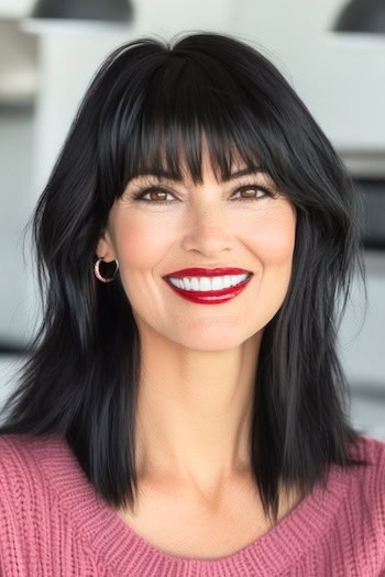 Gerader langer Bob mit vollem Pony über fünfzig