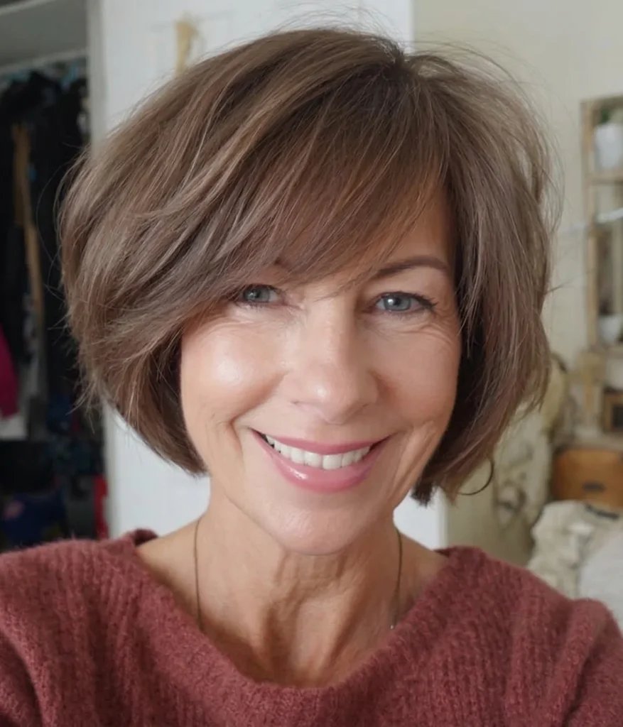 Geschwungener Stufenschnitt in zartem Mokka