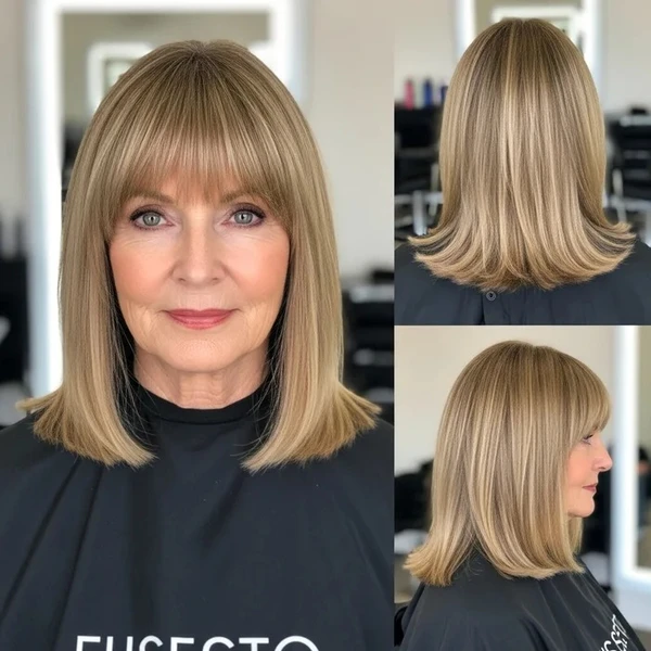 Glatter langer Bob mit stumpfem Pony über fünfzig