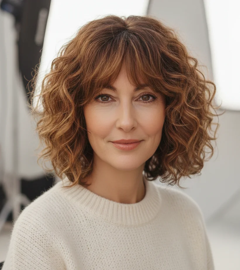 Lockiger Stufen-Bob mit Pony