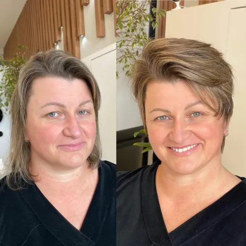 Pixie mit Combover-Pony Stufig fransige Frisuren für Frauen ab 50 die jünger machen