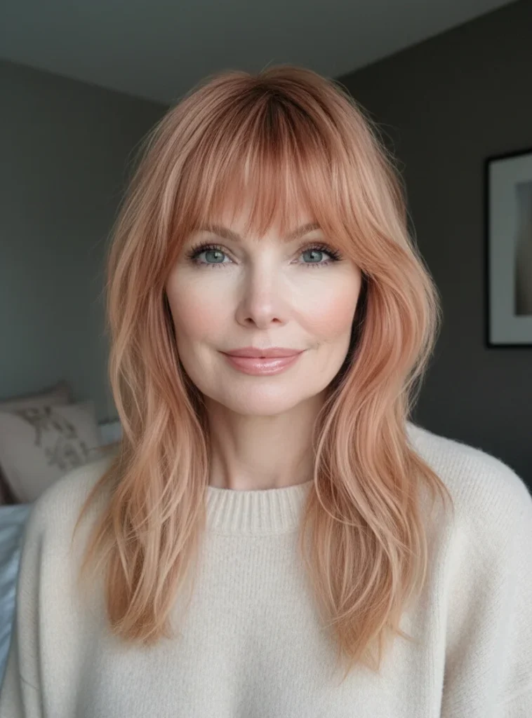 Schulterlanger Schnitt mit stirnbedeckendem Pony