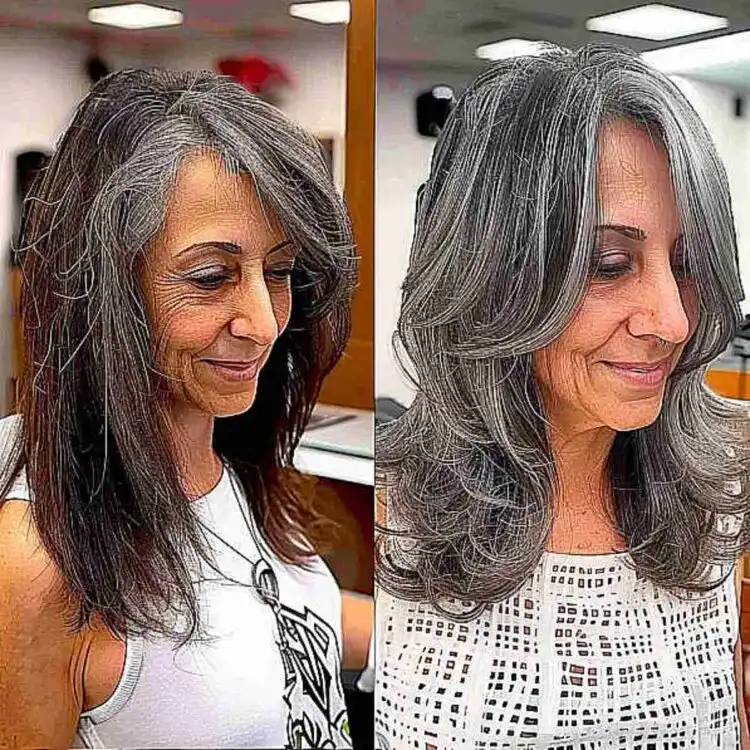 Silber Balayage frisuren die jünger machen ab 50 vorher-nachh
