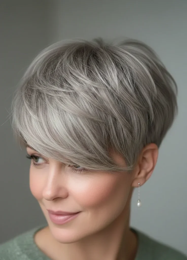 Voluminöser Pixie-Schnitt mit seitlichem Pony