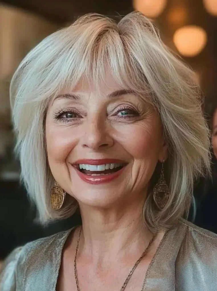 Flüsternder Fringe Bob für Frauen ab 50 mit leichtem Pony und elegantem, modernem Look