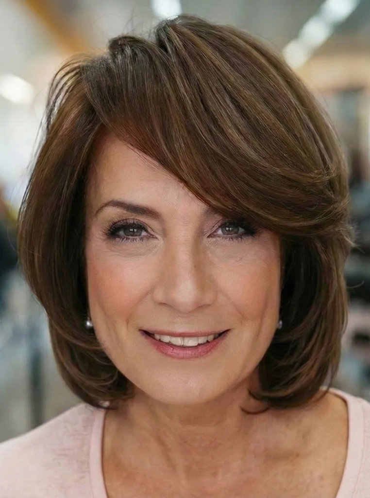 Seitlich gestufter Eleganz Bob für Frauen ab 50 mit sanften Stufen und eleganter Ausstrahlung