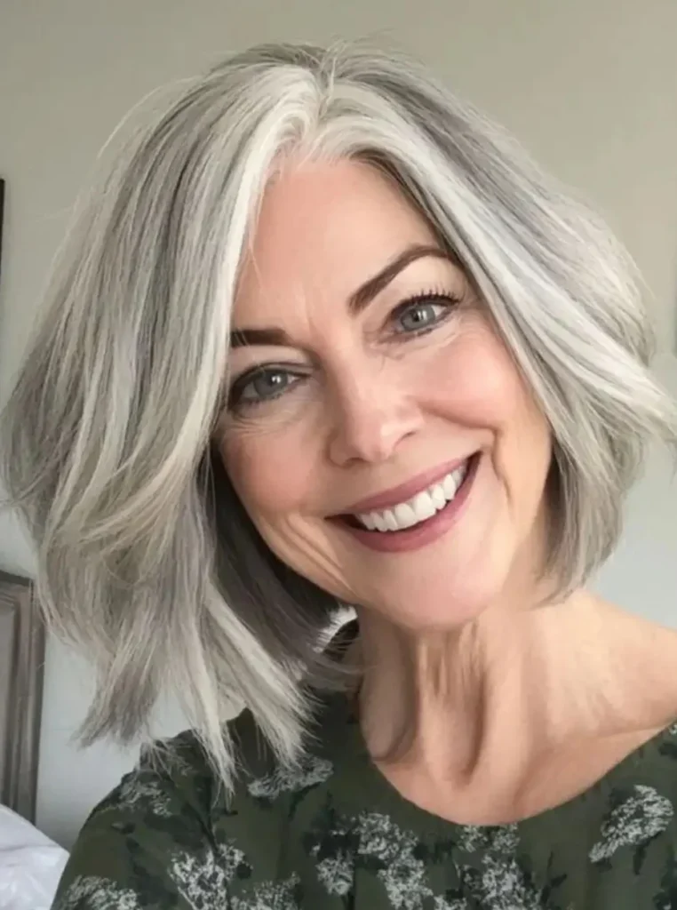 Silberner Flüstern Bob für Frauen ab 50 mit weichen gestuften Haaren und elegantem Look