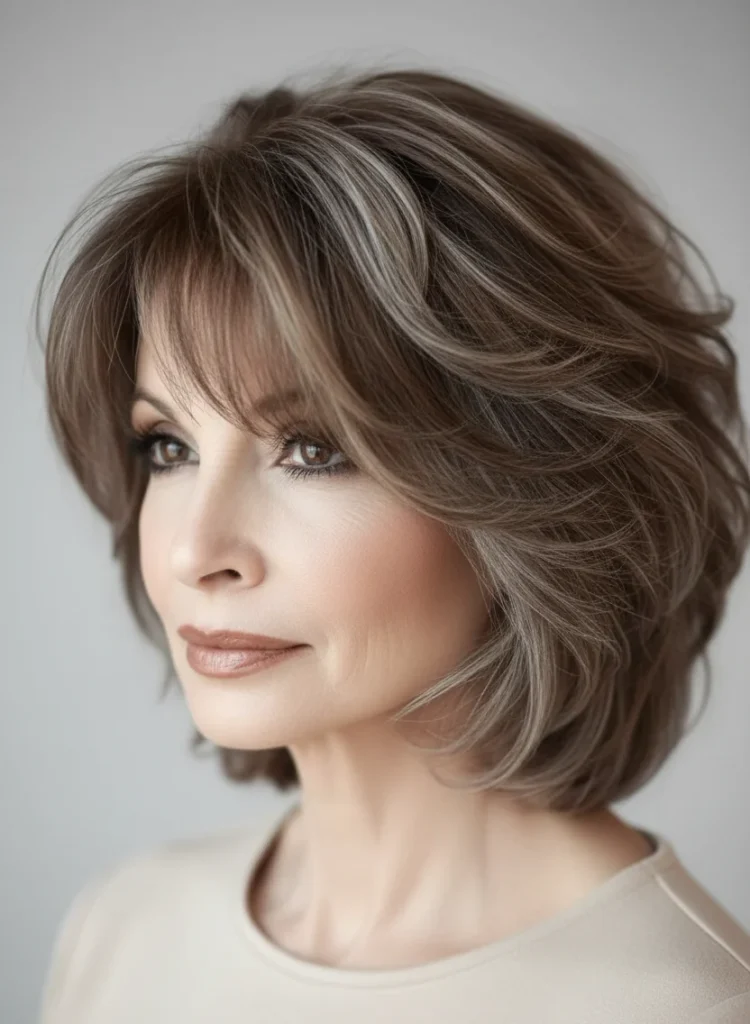 Stufiger mittellanger Schnitt mit weichem Pony