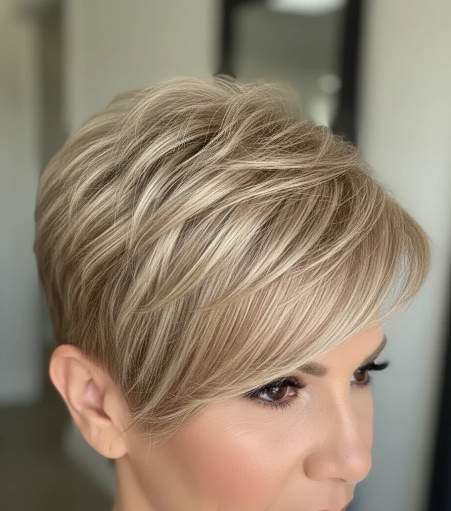 Champagnerblondes Pixie-Haar mit seitlichem Pony