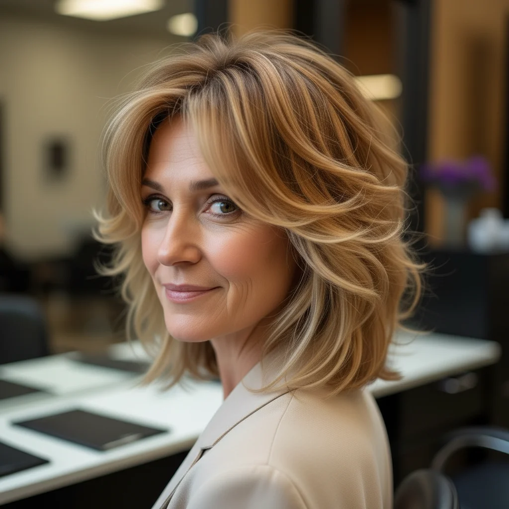 Abgehackter strukturierter Shag mit karamellfarbenem Balayage