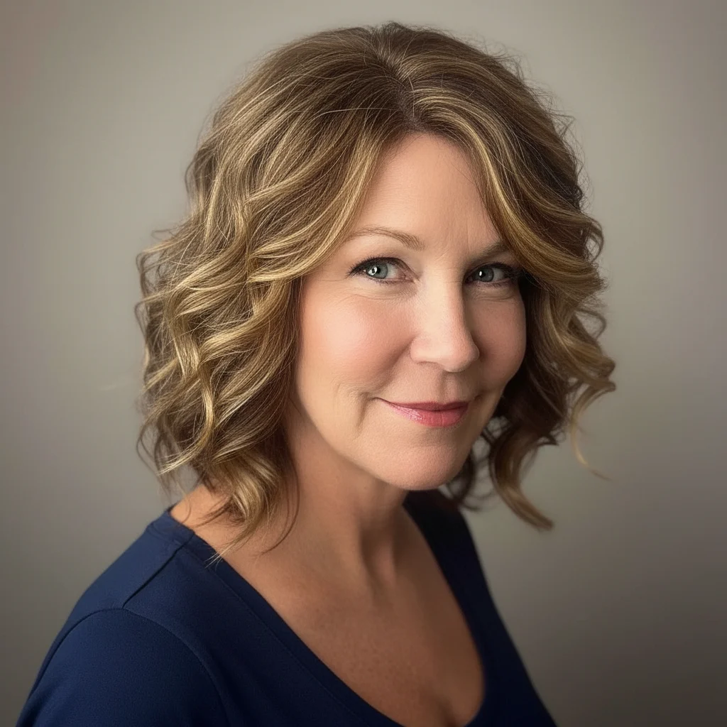 Asymmetrischer Bob mit Locken und goldbraunen Balayage-Strähnchen