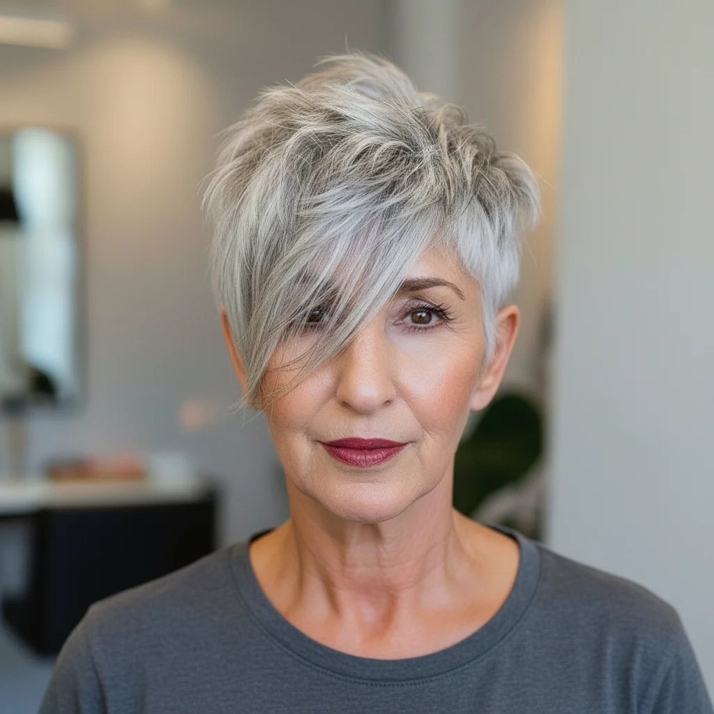 Asymmetrischer Pixie-Schnitt mit silbernen Tönen