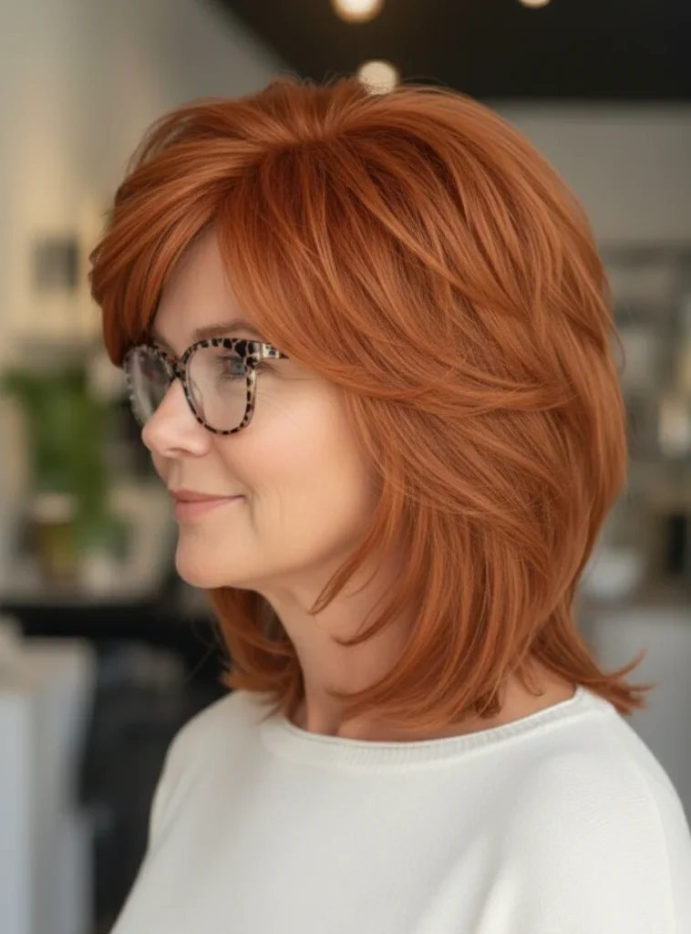 Ausgefranste schulterlange Stufen mit seitlichem Volumen