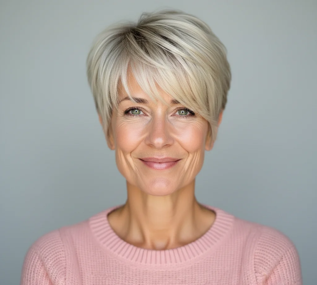 Federleichter Pixie-Schnitt mit seitlich gefegtem Pony