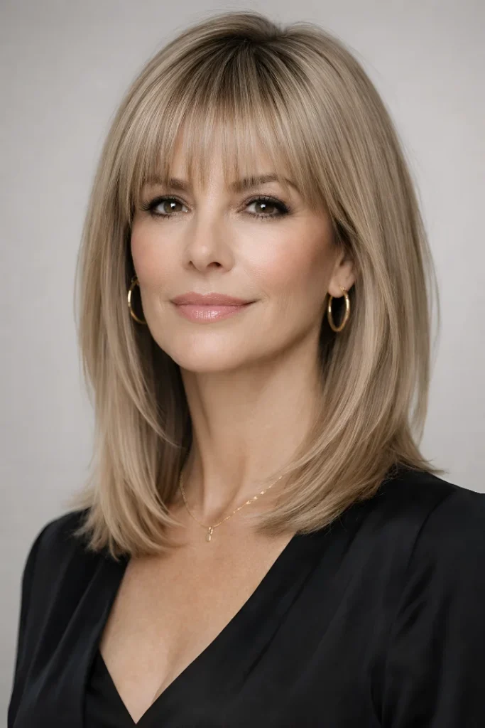 Glatte schulterlange Stufen mit dünnem Pony