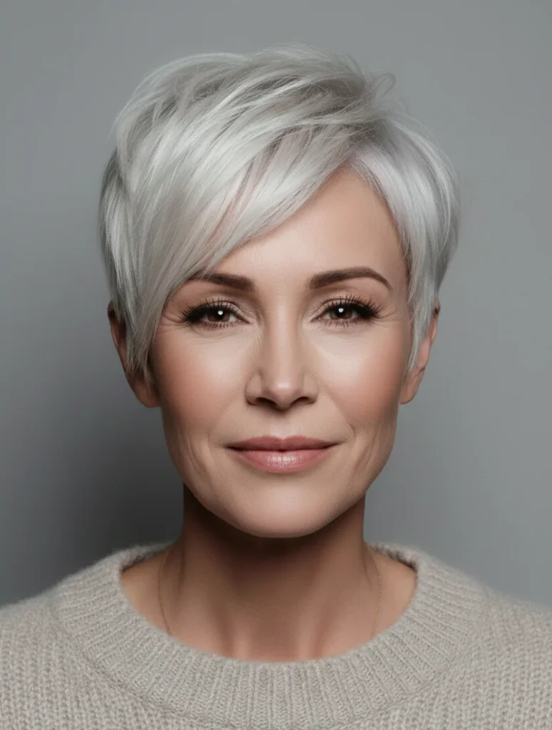 Glatter asymmetrischer Pixie-Schnitt mit seitlichem Pony