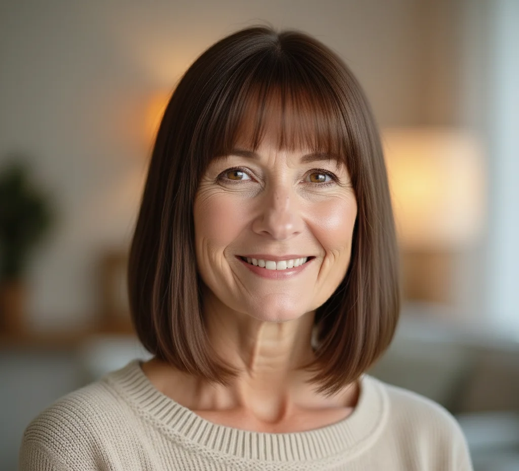 Glattes glänzendes Haar mit dünnem Pony