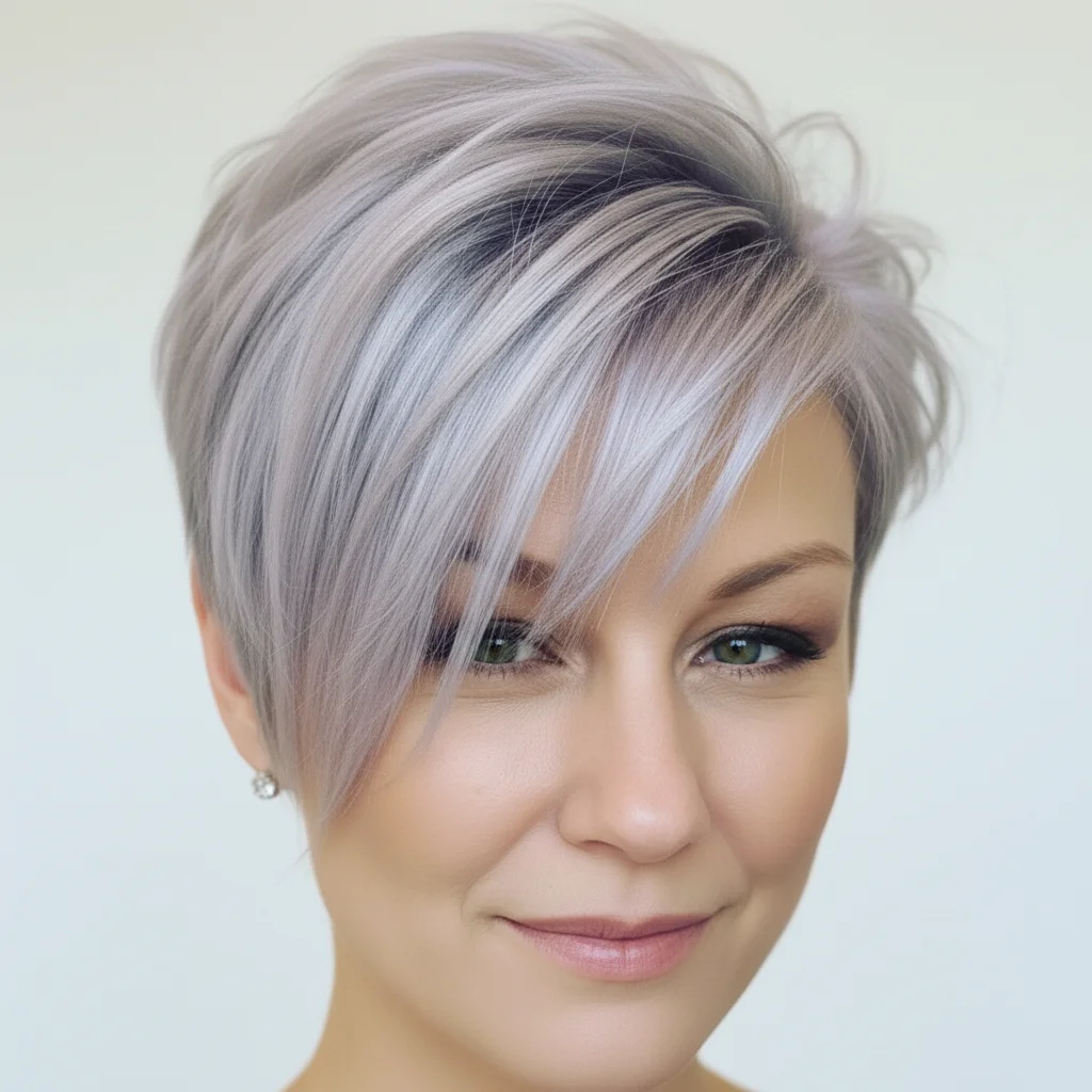 Kurzer asymmetrischer Schnitt mit lavendelgrauen Nuancen