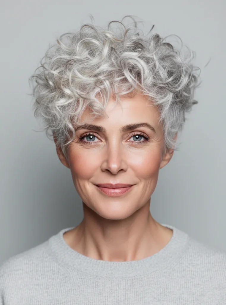 Lockiger gestufter Pixie-Schnitt mit weichem Pony