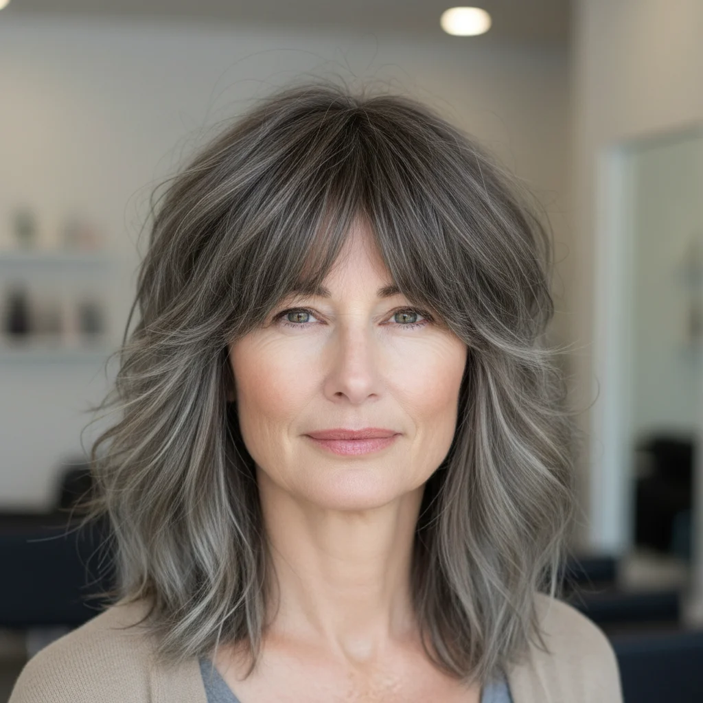 Mittellanger Shag mit Vorhangpony und aschbraunen Tönen