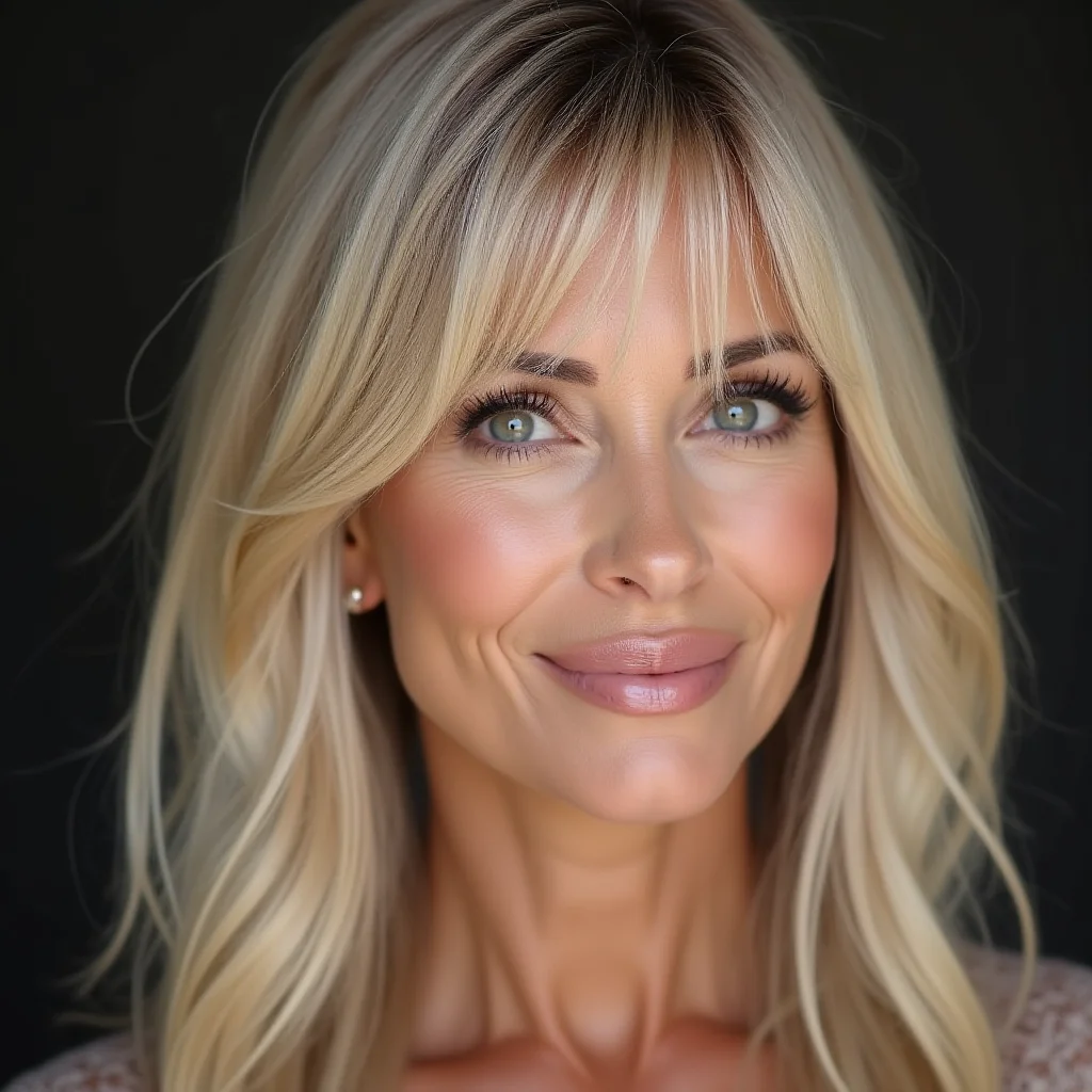 Moderne schulterlange Stufen mit weichem Pony