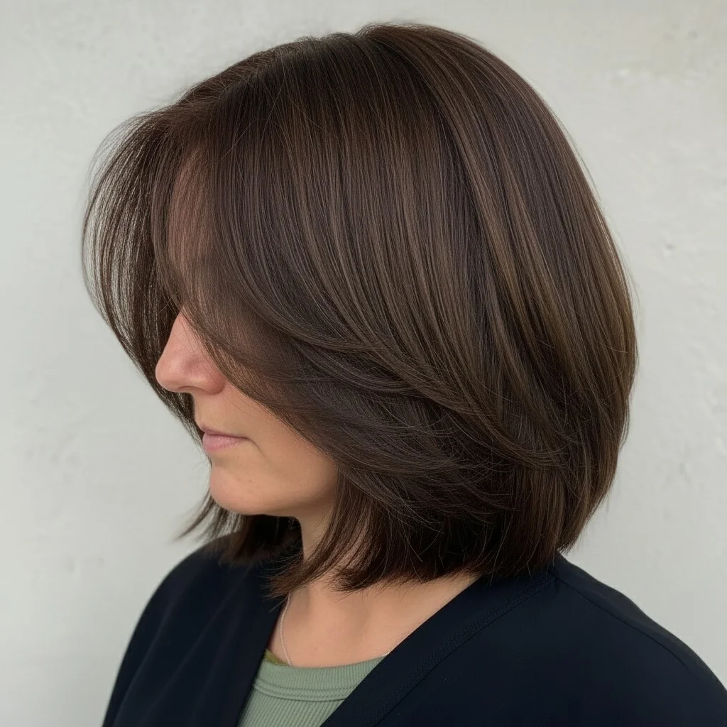 Seitlich geföhnte Layers mit aschbrauner Farbe