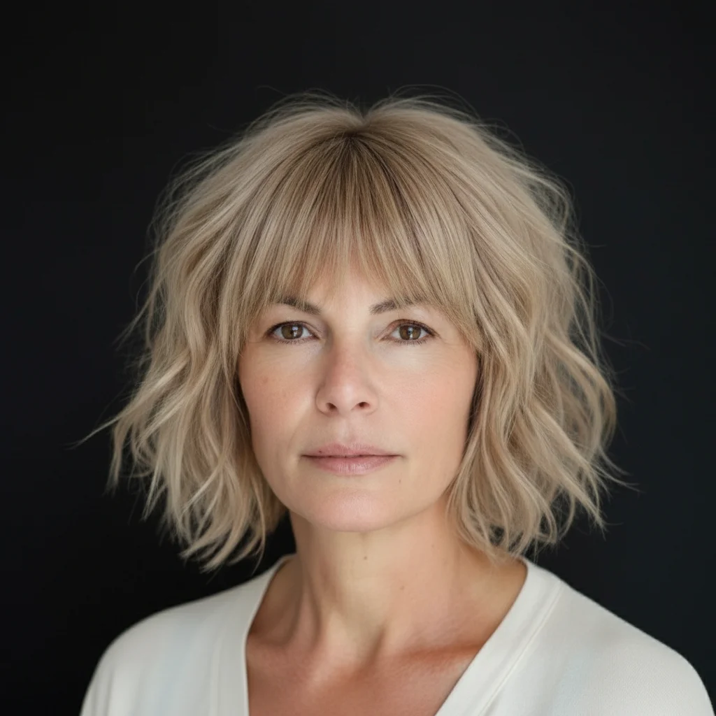 Shaggy Bob mit stumpfem Pony und sandbeiger Farbe