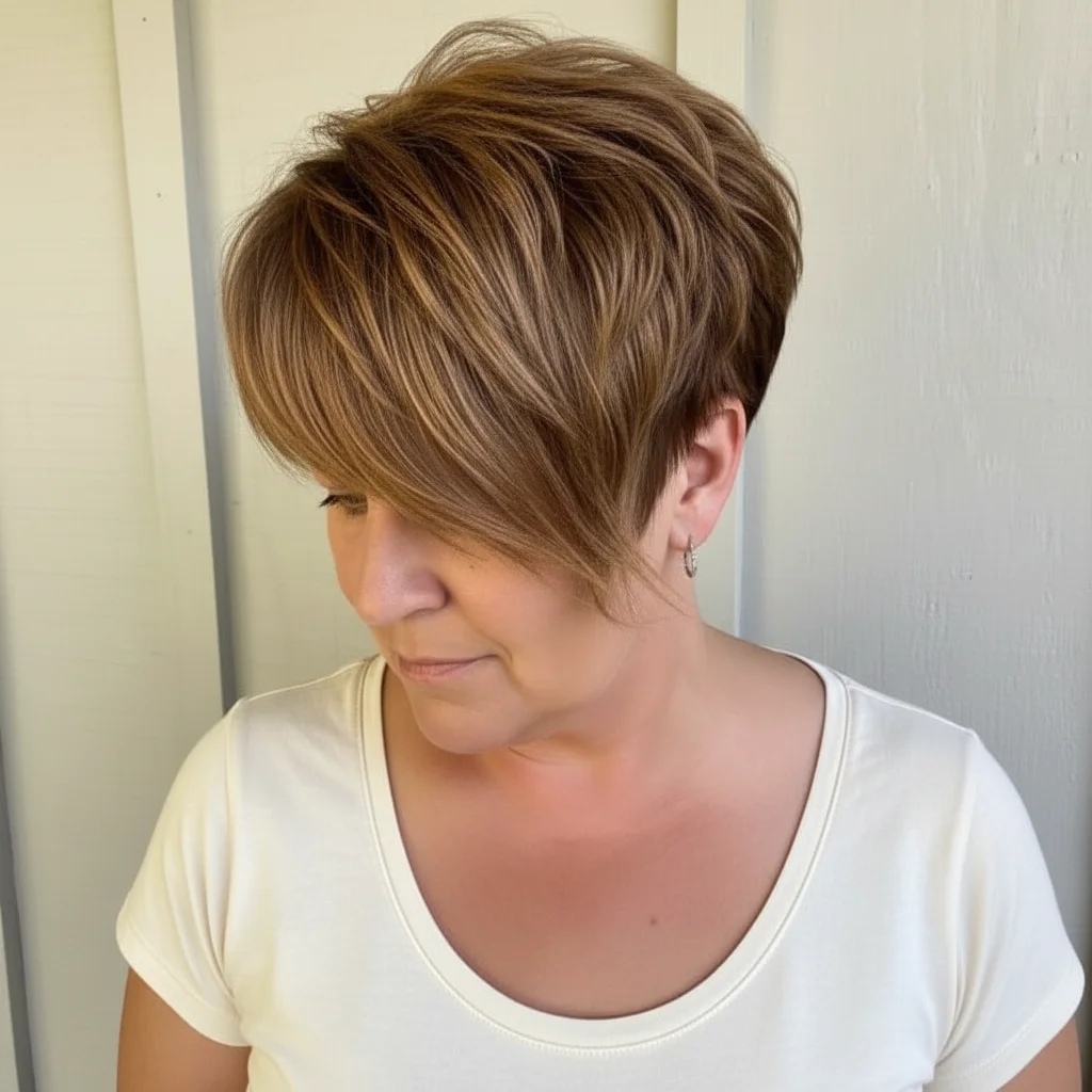 Strukturierter asymmetrischer Stufenschnitt für feines Haar