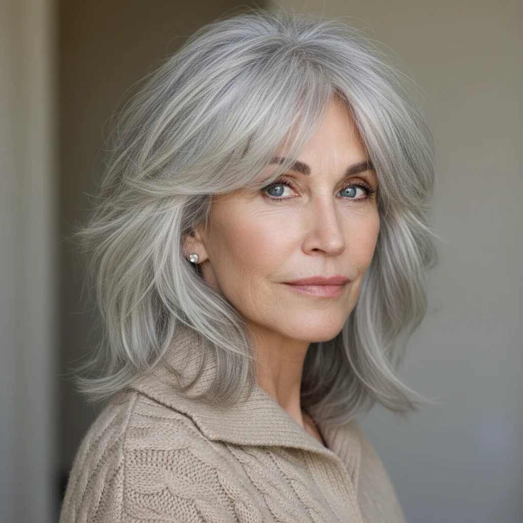 Stufenschnitt mit silbernen Strähnchen