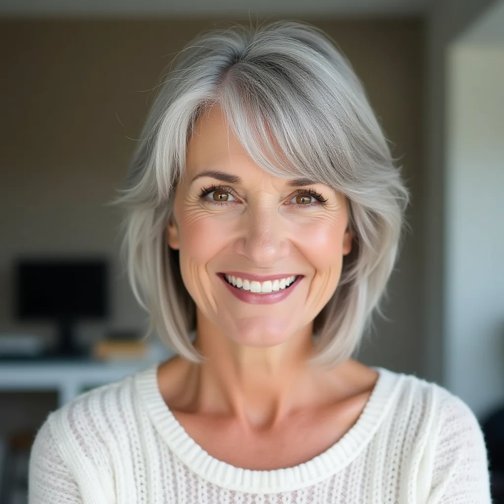 Stufiger silberner Haarschnitt mit weichem Pony