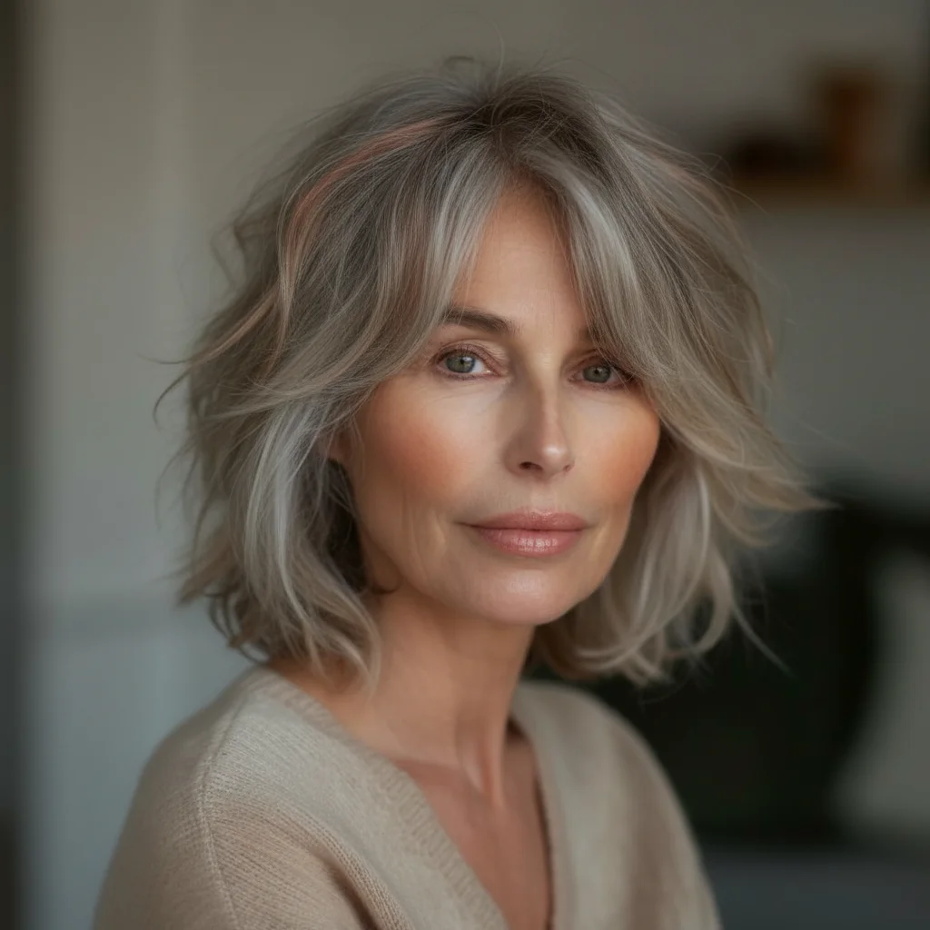 Tousled Shag mit seitlich gefegtem Pony und kupferfarbenen Strähnchen