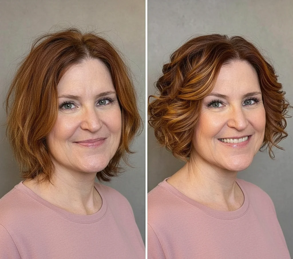 Verwandlung mit weichem lockigem Bob für feines Haar