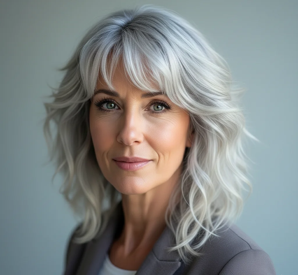 Voluminöser mittellanger Schnitt mit luftigem Pony