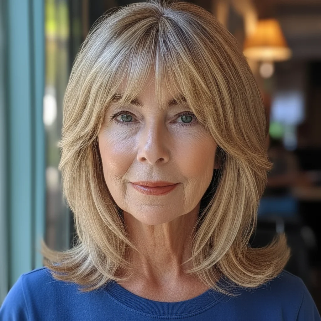 Weicher schulterlanger Shag mit honigblonden Strähnchen