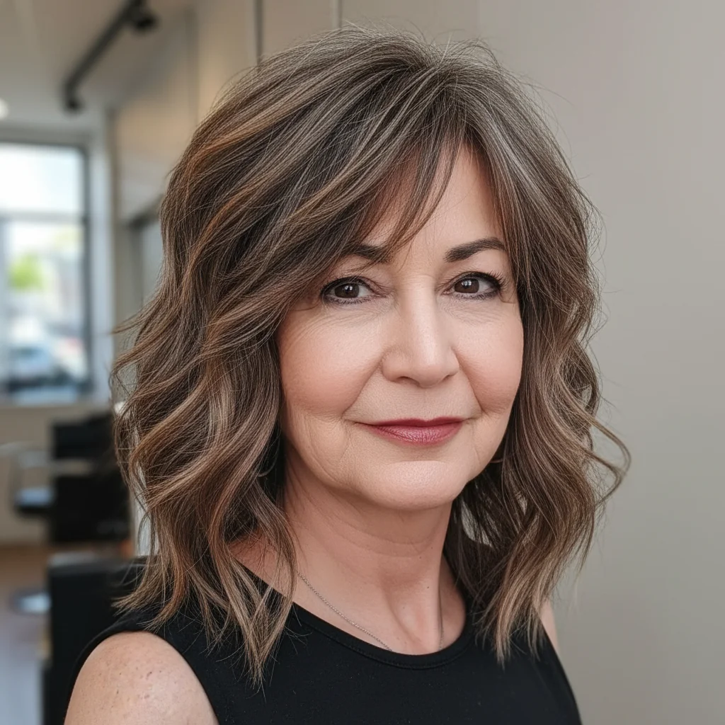 Welliges asymmetrisches Lob mit karamellfarbenen Babylights