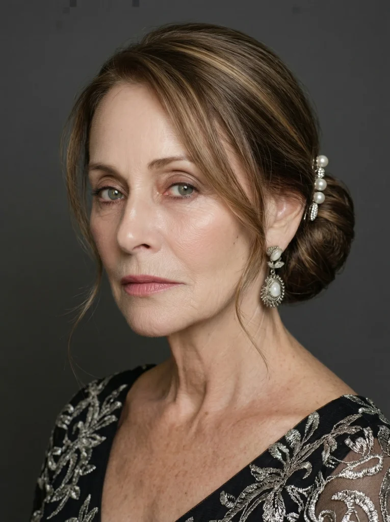 Eleganter tiefer Dutt mit das Gesicht umrahmenden Strähnen