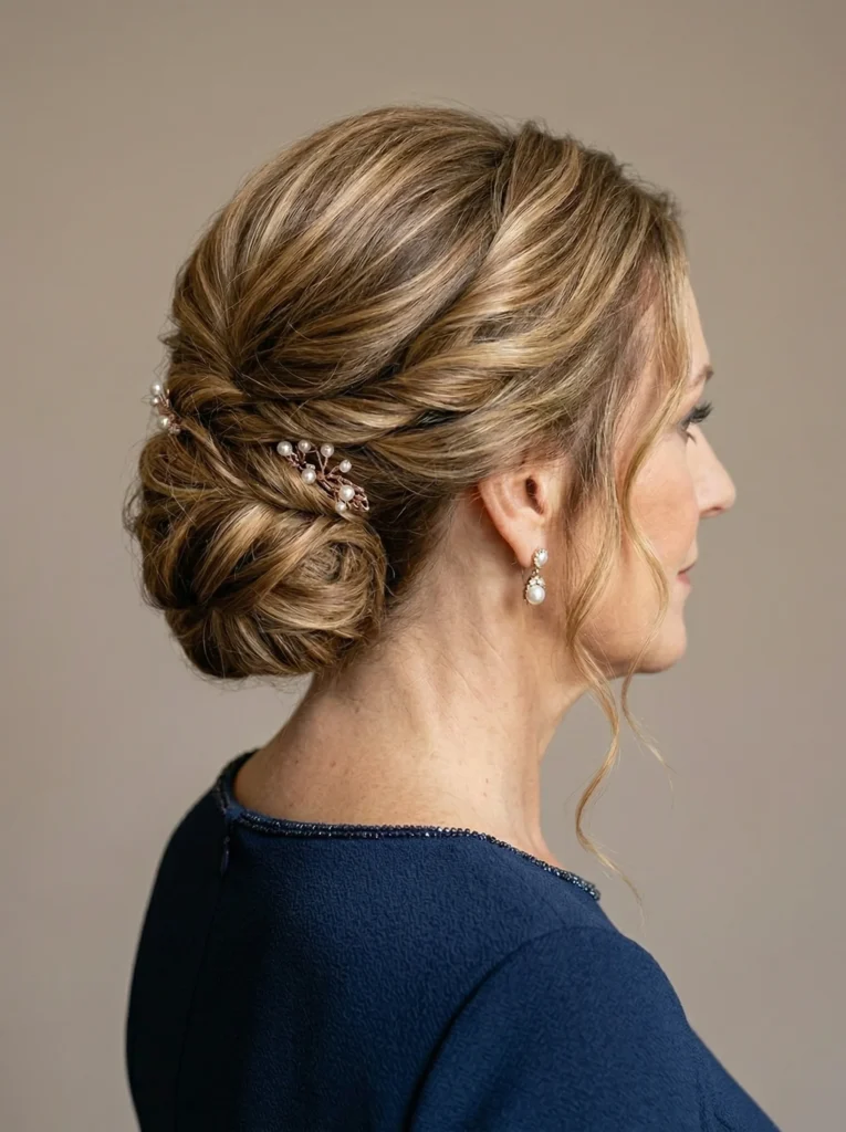 Gedrehte Hochsteckfrisur mit lockeren Strähnen