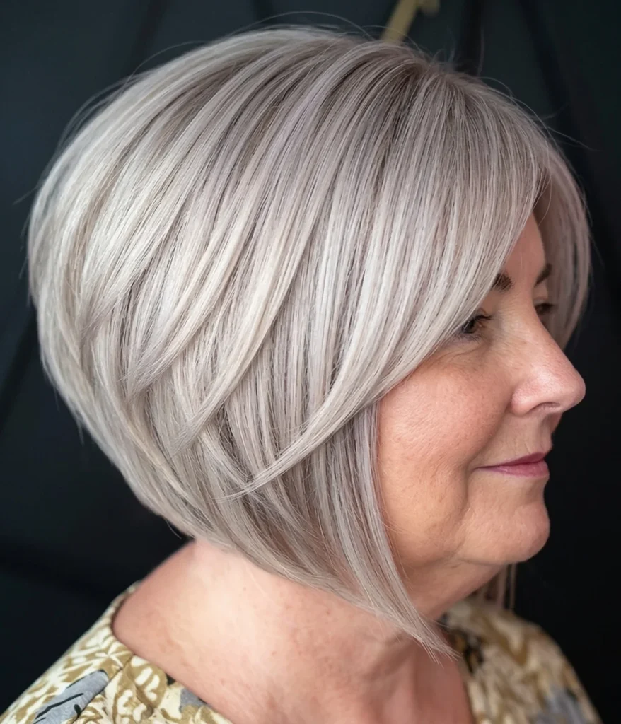 Moderner graduierter Bob für rundes Gesicht – peppige Frisuren für Frauen ab 50