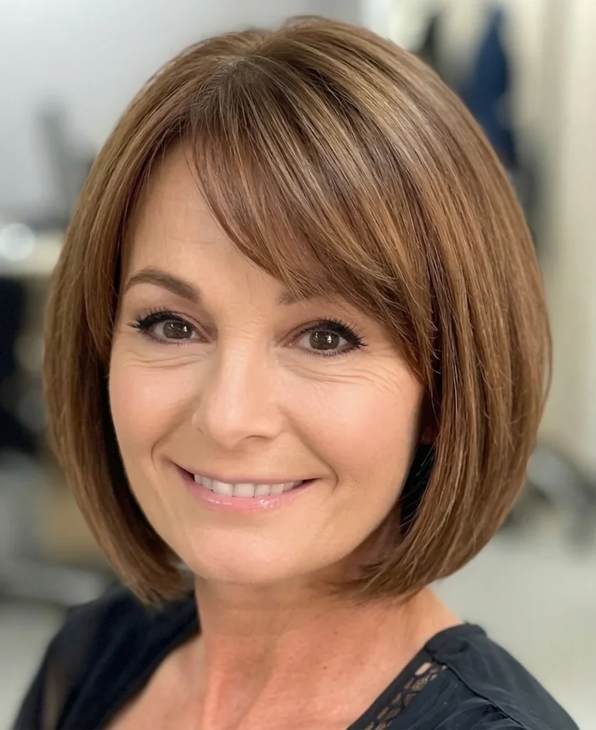 Kinnlanger Bob mit seitlichem Pony für rundes Gesicht – peppige Frisuren für Frauen ab 50