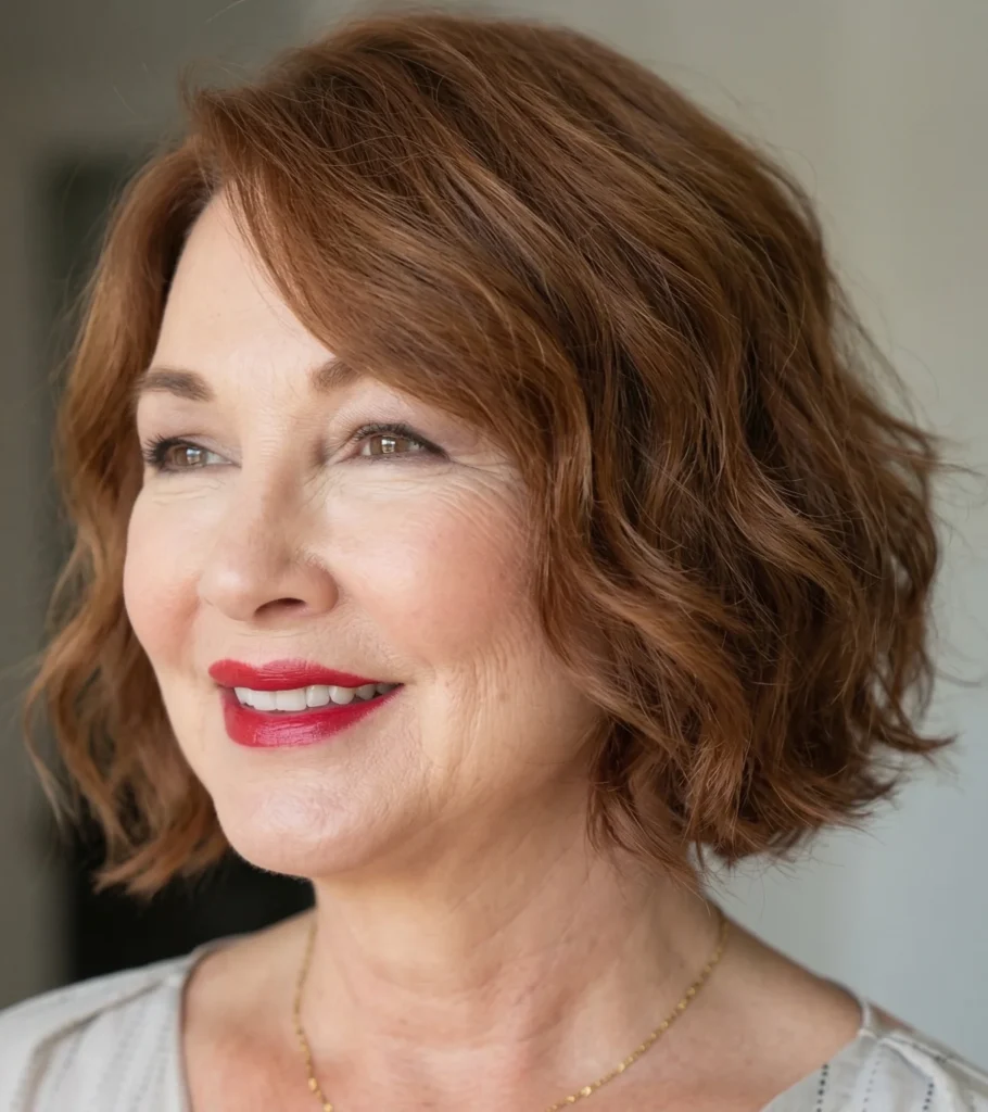 Klassischer Bob mit weichen Wellen für rundes Gesicht – peppige Frisuren für Frauen ab 50