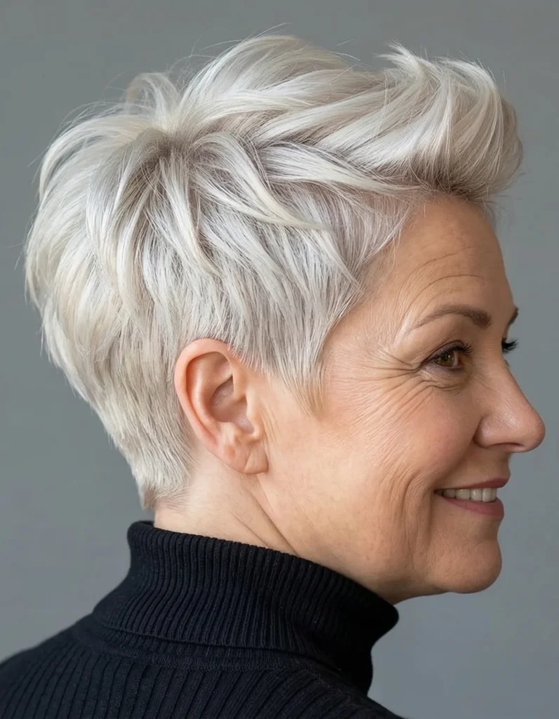 Kurzer stufiger Pixie-Schnitt für rundes Gesicht – peppige Frisuren für Frauen ab 50