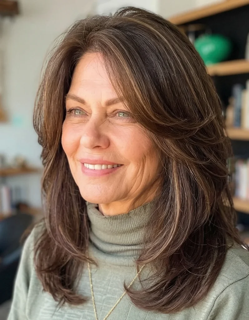 Lange Stufen mit Gesicht umrahmenden Strähnen für rundes Gesicht – peppige Frisuren für Frauen ab 50