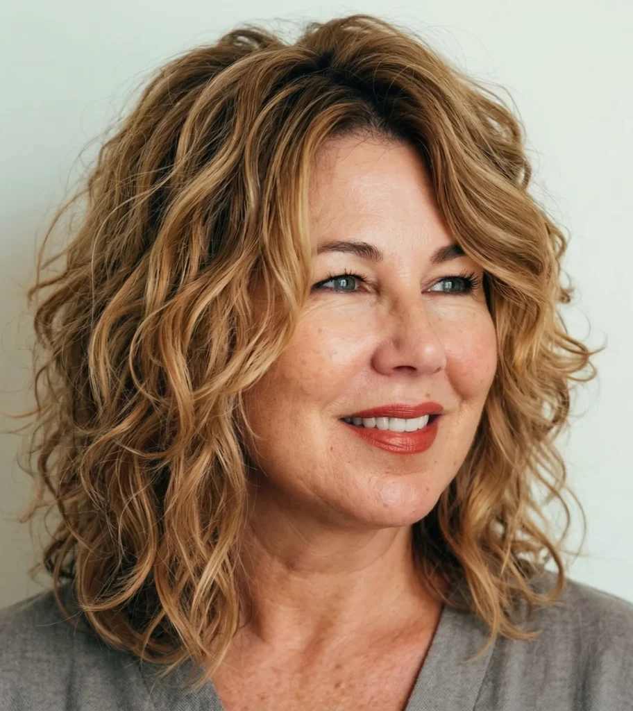 Mittellange Wellen mit Stufen für rundes Gesicht – peppige Frisuren für Frauen ab 50