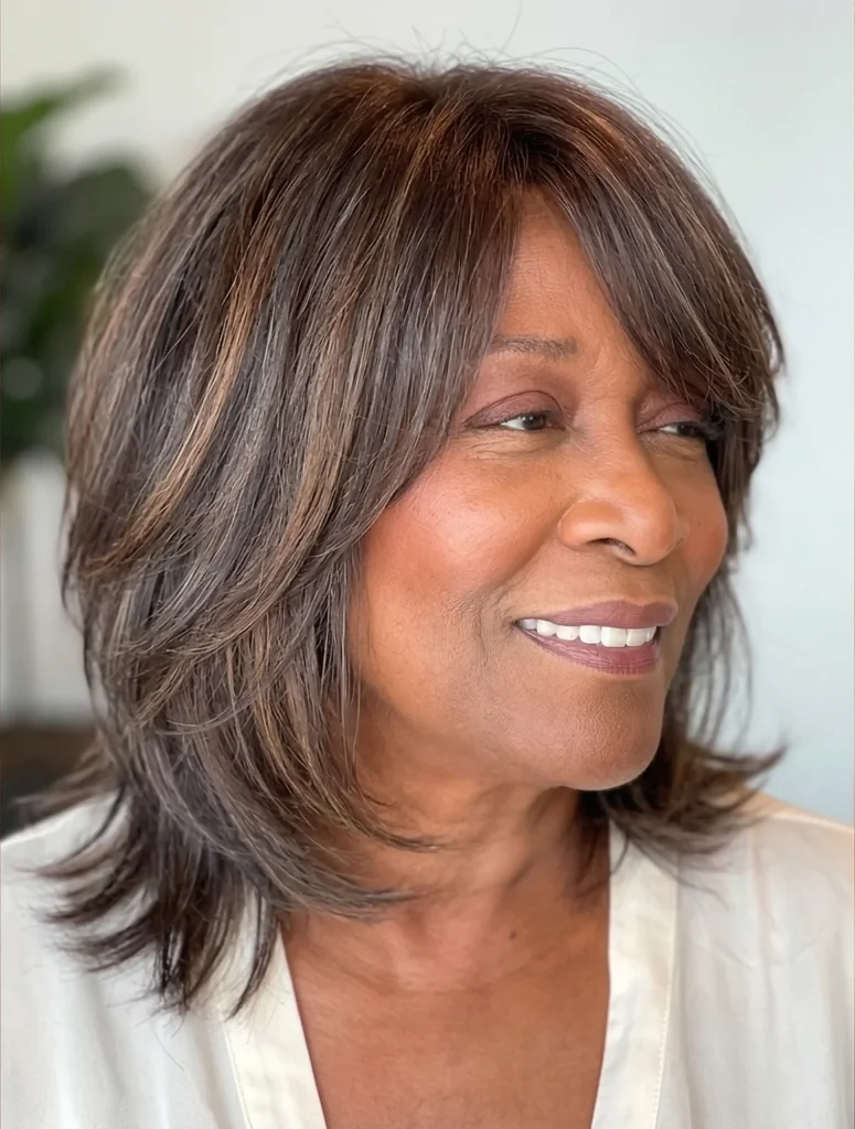 Schulterlanger Stufenschnitt für rundes Gesicht – peppige Frisuren für Frauen ab 50