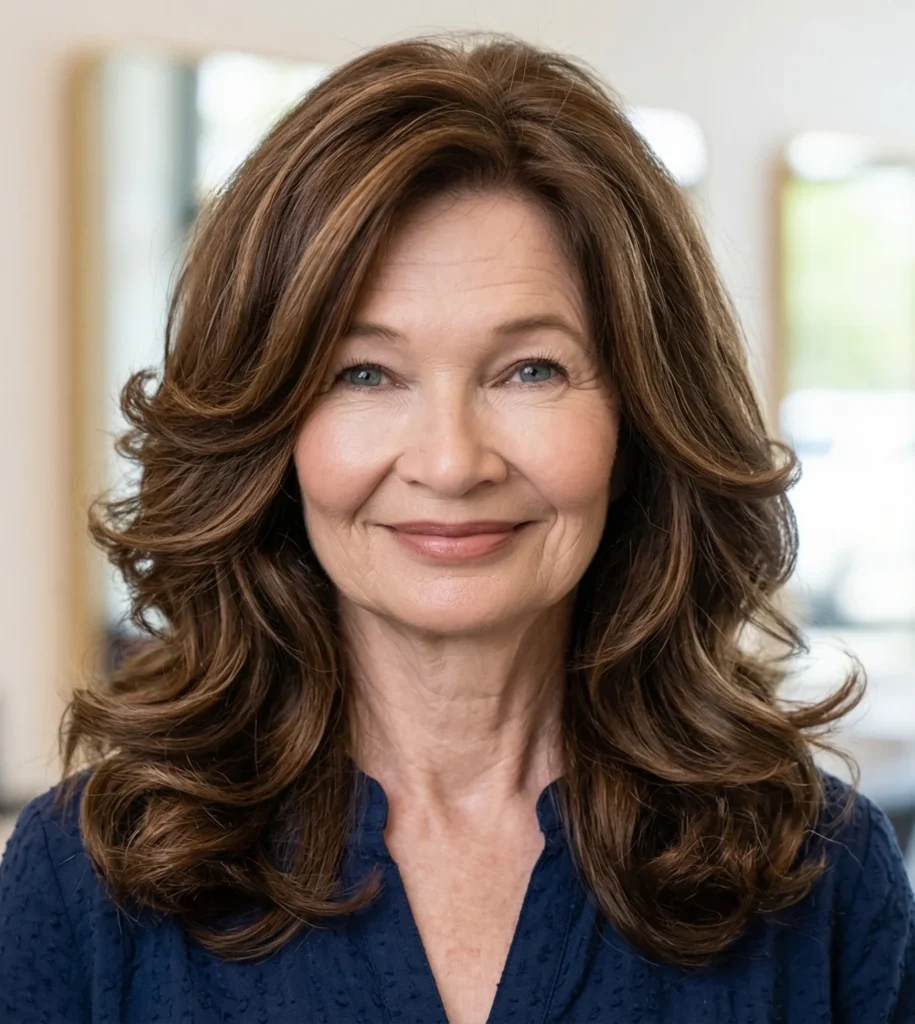 Voluminöser Blowout mit Stufen für rundes Gesicht – peppige Frisuren für Frauen ab 50