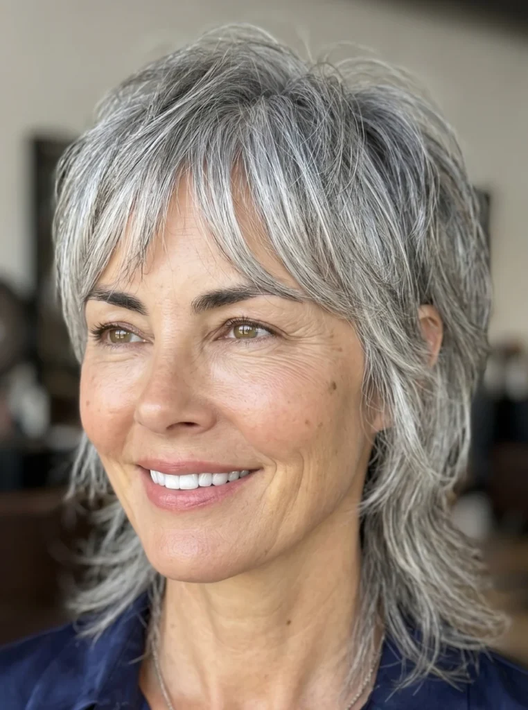 Graue Mullet Frisur für Frauen ab 50 mit elegantem Stil