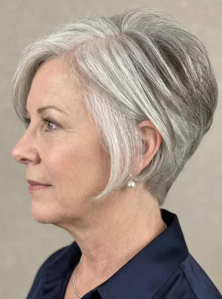 Eleganter grauer Pixie-Schnitt für Frauen ab 50 mit stilvollem Look