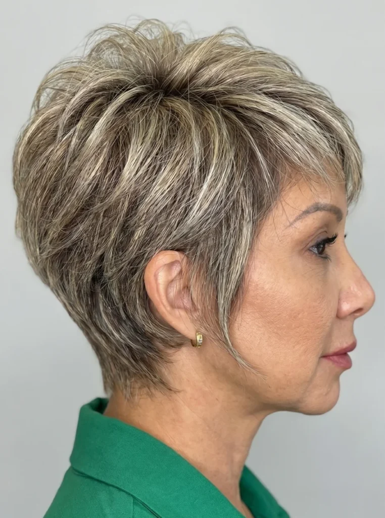 Langer Pixie Haarschnitt für Frauen ab 50 mit weichen Stufen