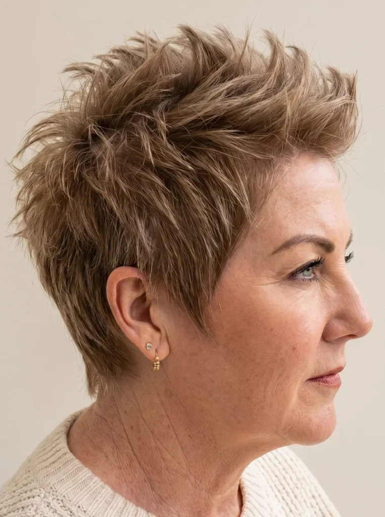 Moderner Pixie Schnitt mit Stacheln für Frauen ab 50 mit trendigem Stil