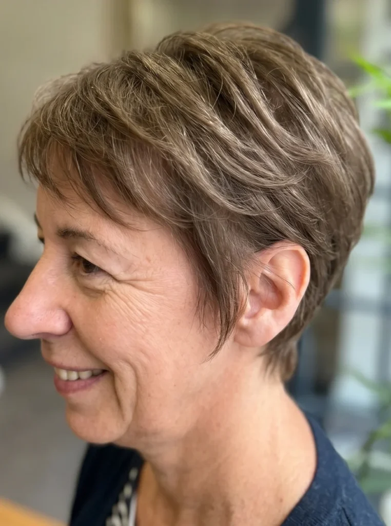 Weicher gestufter Pixie Schnitt für Frauen ab 50 mit natürlichem Volumen